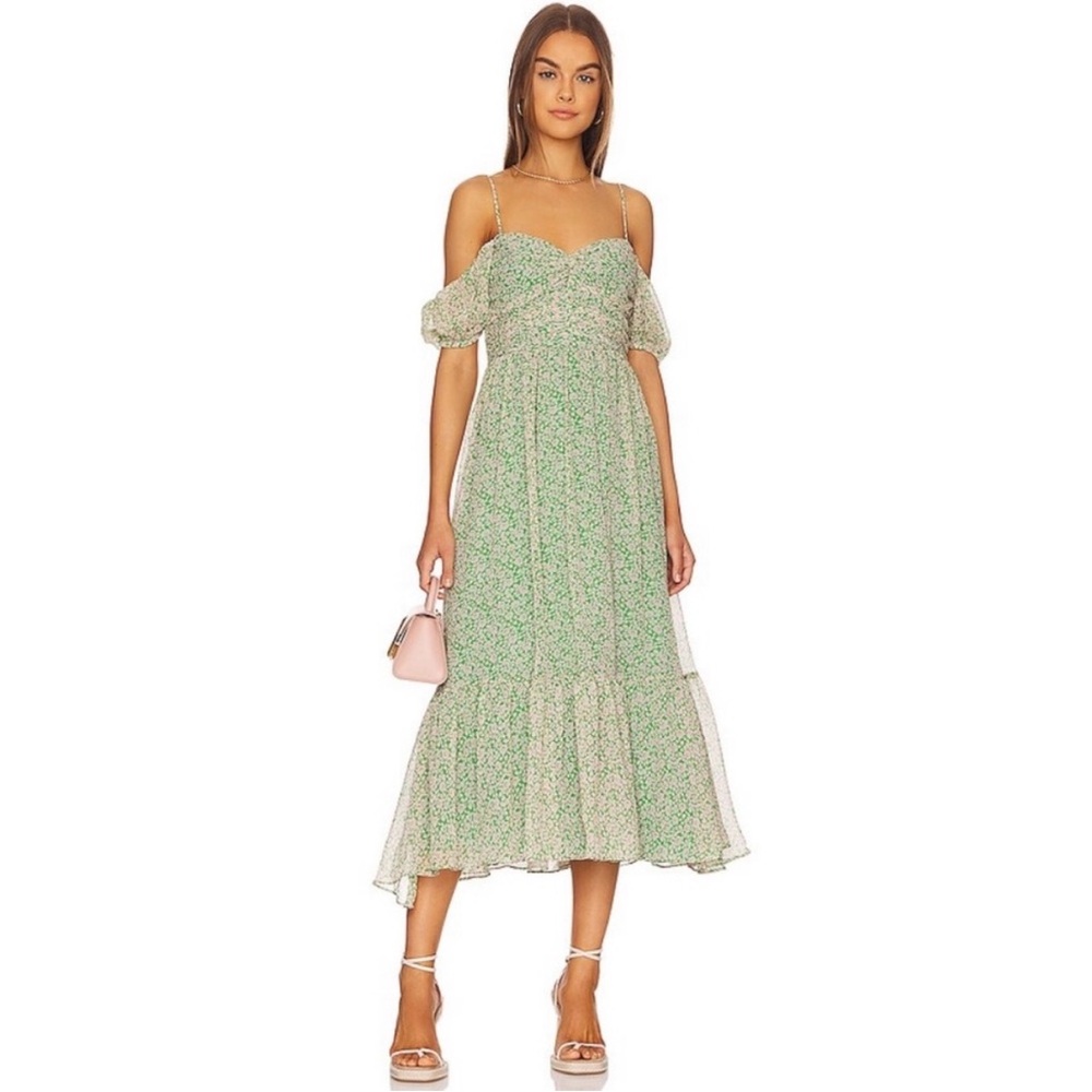 Bardot Green and pink floral Ruched Off-Shoulder Midi Dress